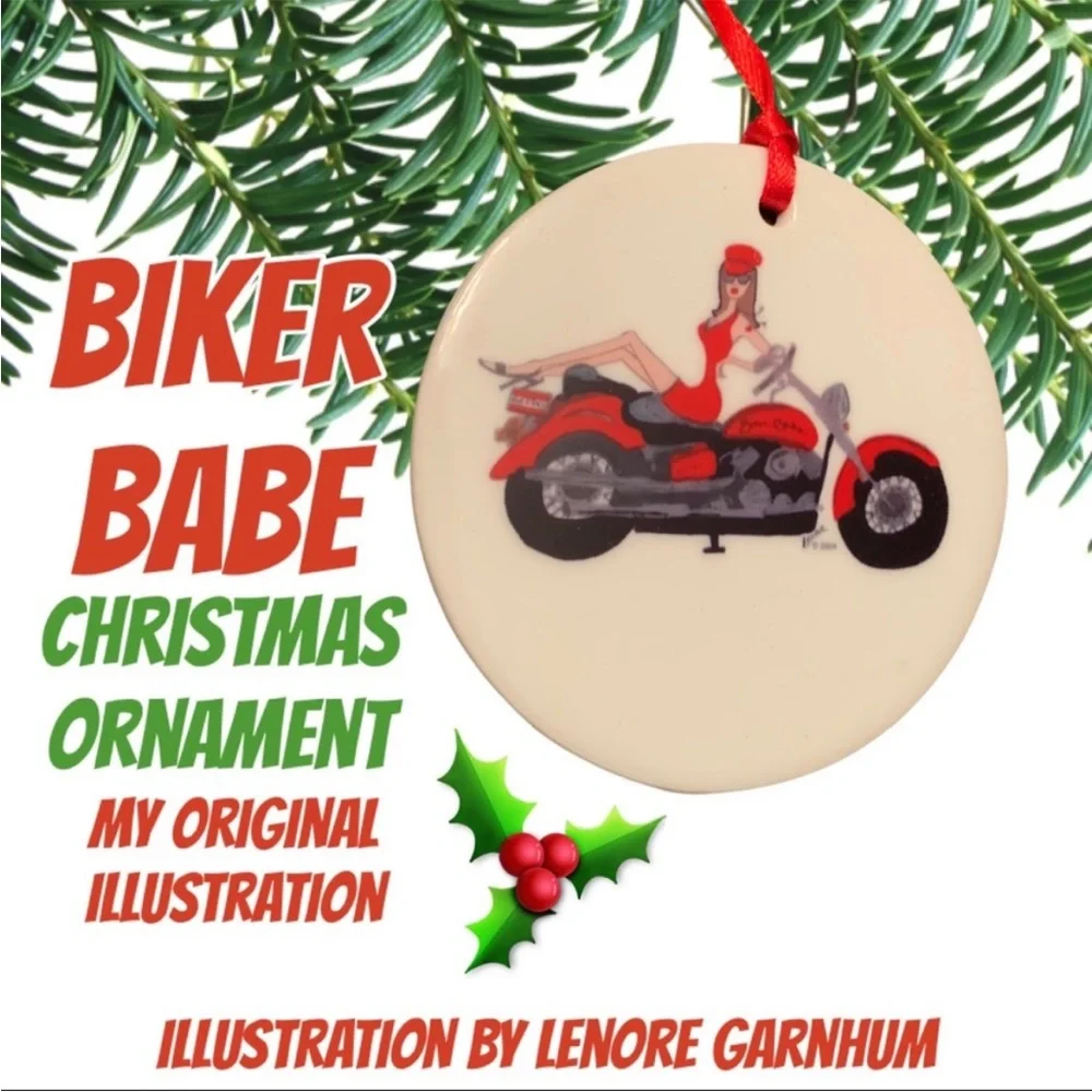 Christmas ornament Biker Babe ceramic round holiday